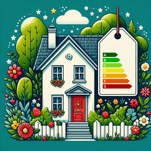 Het juiste energielabel voor je huis - illustratie romantisch vrijstaand huisje met kartonnen energielabel eraan