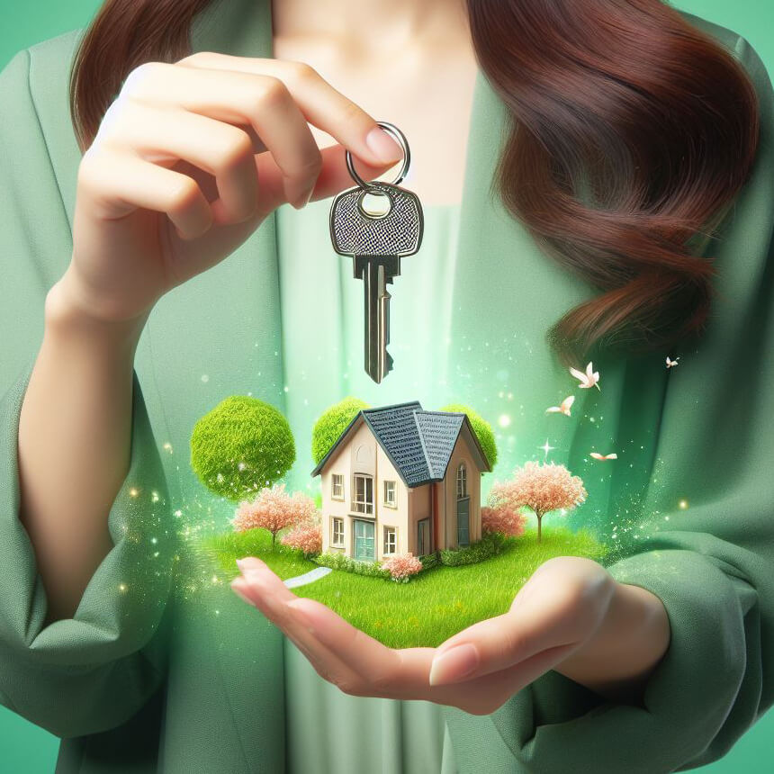 Duurzame woning met goede energielabelscore - vrouw houd huissleutel in een hand, een huisje op een groene heuvel in haar andere hand.