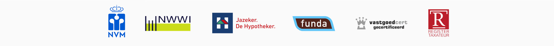 Van 't Riet De-Makelaar partners en keurmerken. De Hypotheker, NVM, NWWI, Funda, NRVT, VastgoedCert