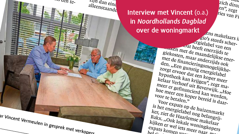 makelaar en directeur Vincent Vermeulen namens Van 't Riet De-Makelaar in stuk over woningmarkt van Noordhollands Dagblad