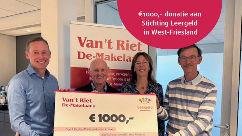Van 't Riet De-Makelaar doneert 1000 euro aan stichting leergeld